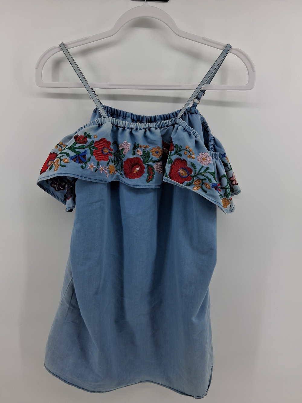Poof! Light Blue Chambray Off-Shoulder Mini Dress with Floral Embroidery